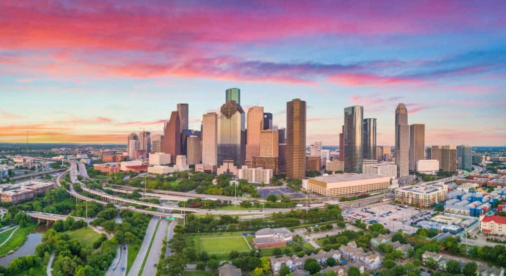The Houston skyline at sunset