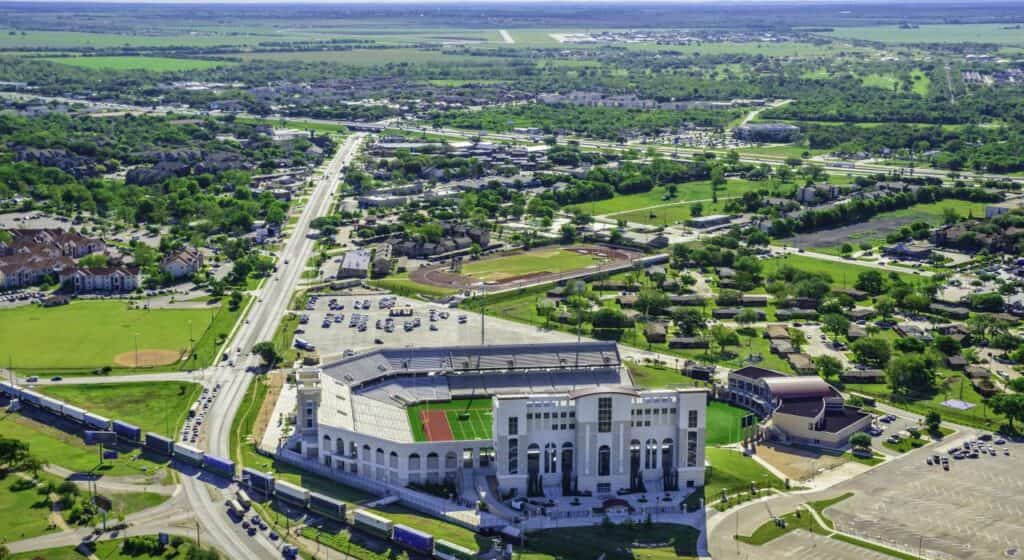 Aerial view of the Texas State campus and the town of San Marcos