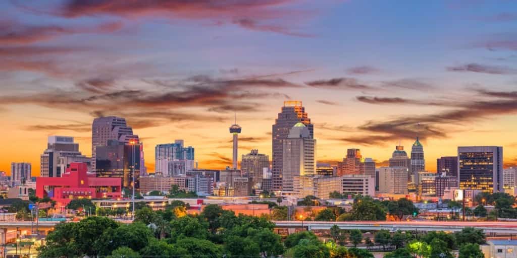 The San Antonio skyline at sunset