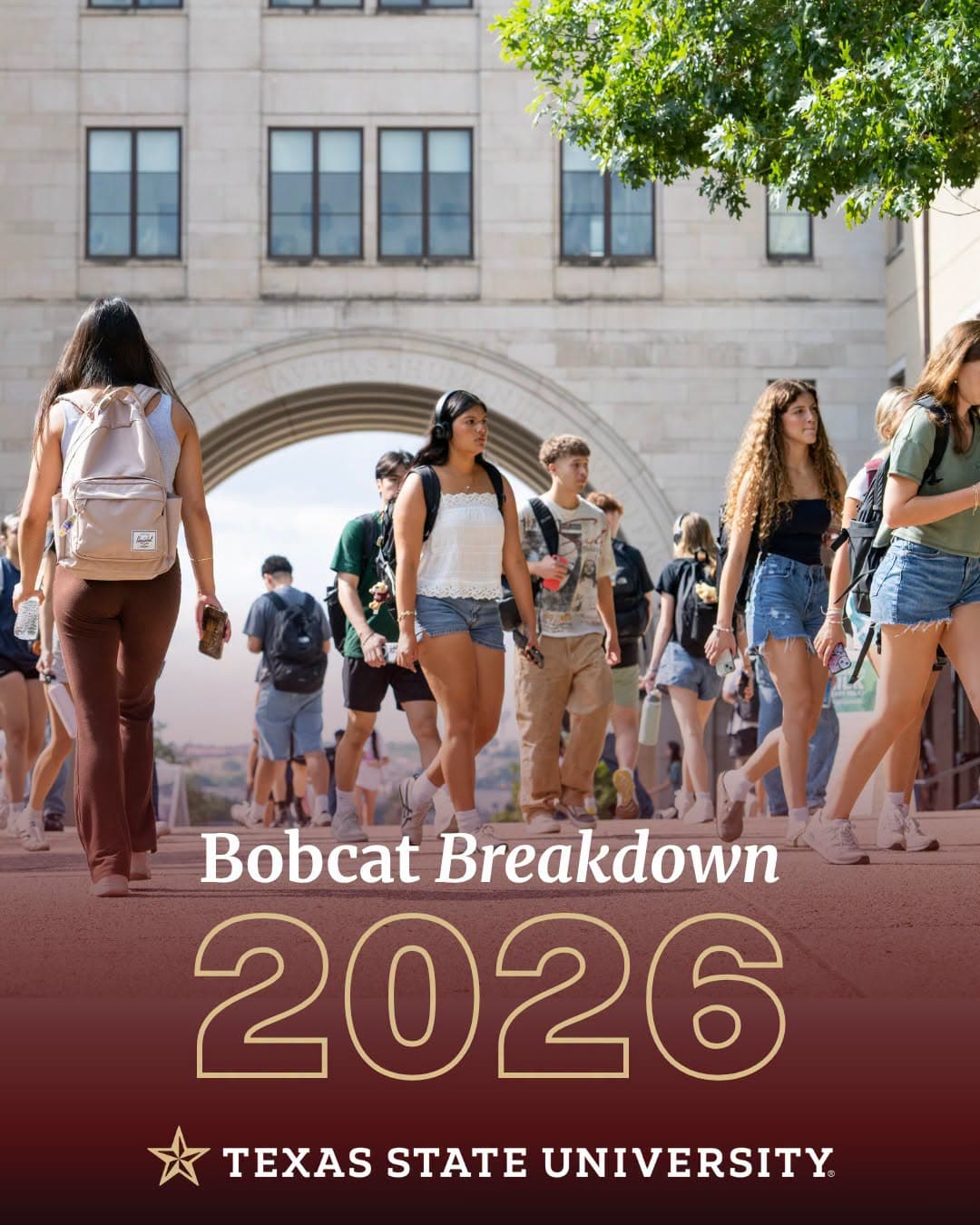 Sinh viên Texas State đi qua cổng vòm trong khuôn viên San Marcos — đồ hoạ Bobcat Breakdown 2026